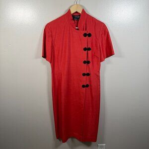 J. Peterman Silk Kimono Dress Size 8 Red Vintage Mandarin Collar Midi